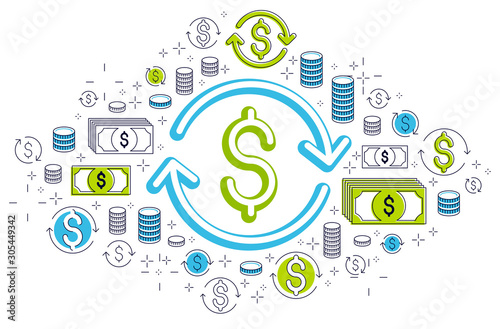 Dollar sign and loop arrow, currency exchange, return on investment, insurance concept, refund, stock market, refinance, vector design.