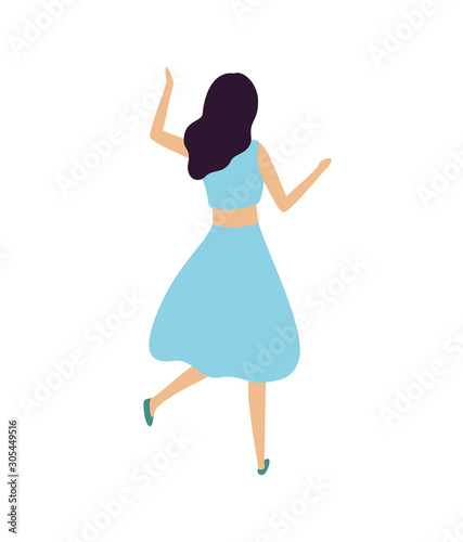 Dancing woman back view isolated cartoon character in flat style. Vector brunette girl at dance party, cute lady having fun enjoying music, female at concert