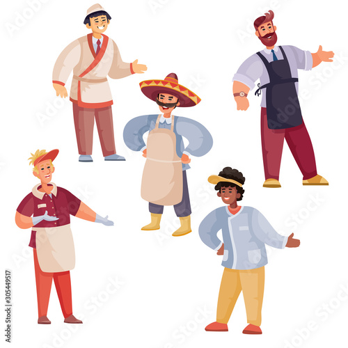 set of people who sell or cook food, cook, seller, isolated object on a white background,