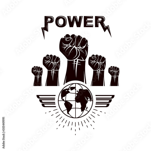 Vector marketing flyer template created using clenched fists raised up, loudspeakers devices and Earth globe. People fighting for their rights, revolution and demonstration idea.