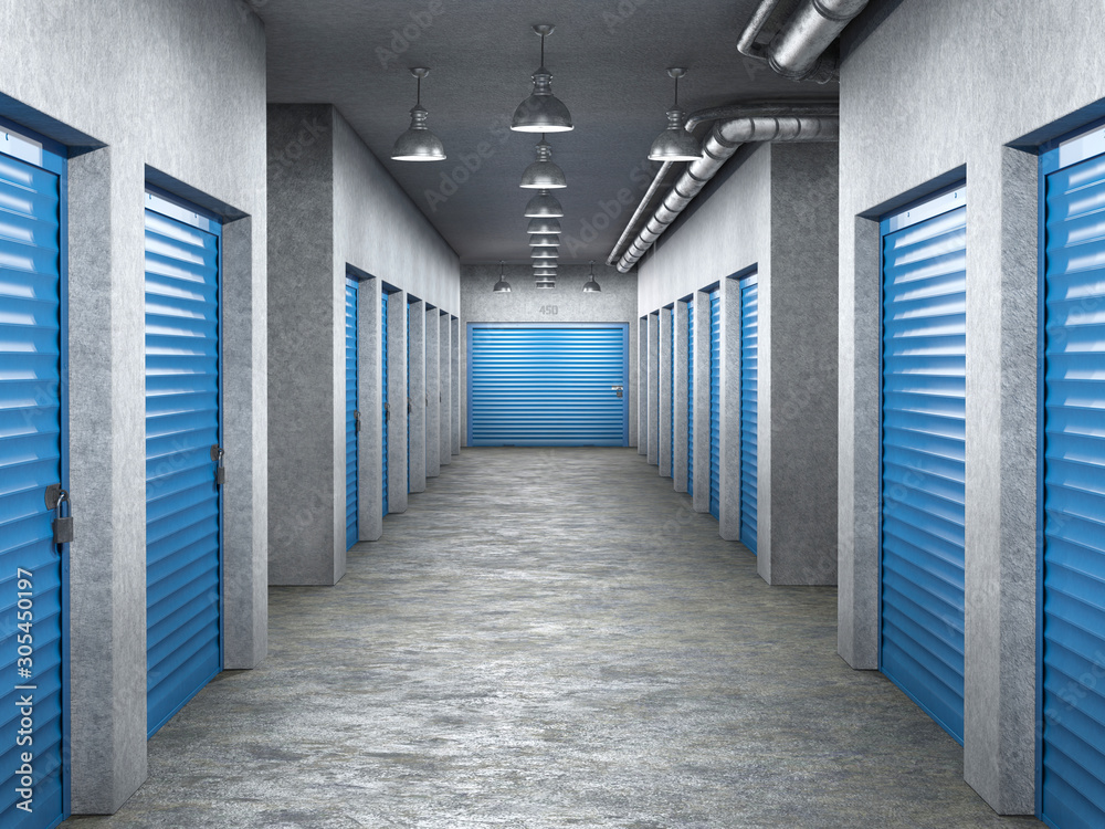 Fototapeta storage hall interior with locked doors 3d illustration