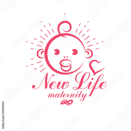 Cute smiling baby face vector emblem. Maternity and new life concept. Prenatal center and motherhood preparing clinic abstract emblem
