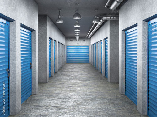 Schilderij op canvas storage hall interior with locked doors 3d illustration