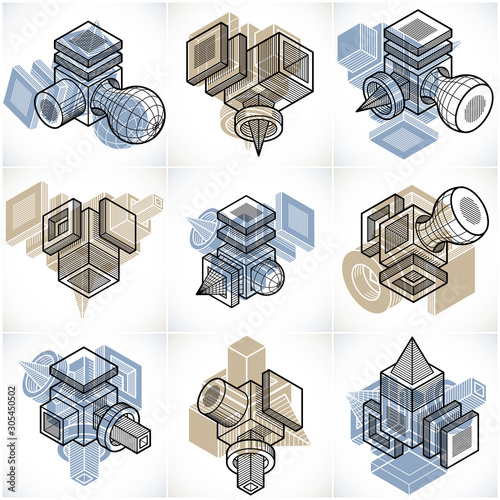 Engineering abstract geometric shapes, simple vectors set.