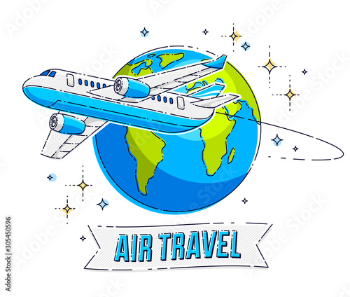 Plane airliner with earth planet and ribbon with typing, airlines air travel emblem or illustration. Beautiful thin line vector isolated over white background.