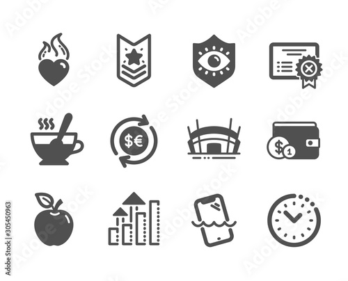 Set of Business icons, such as Heart flame, Time management, Apple, Analysis graph, Reject certificate, Money currency, Tea cup, Shoulder strap, Buying accessory, Smartphone waterproof. Vector