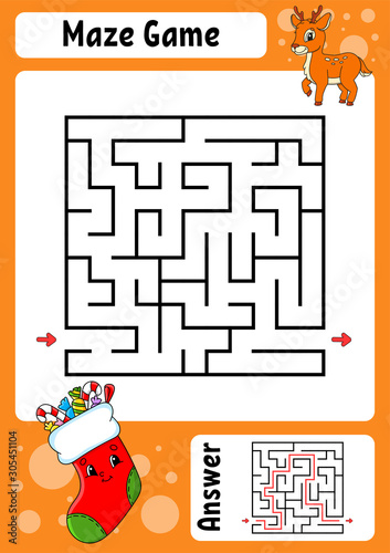 Maze. Game for kids. Funny labyrinth. Education developing worksheet. Activity page. Puzzle for children. Cute cartoon style. Riddle for preschool. Logical conundrum. Color vector illustration.