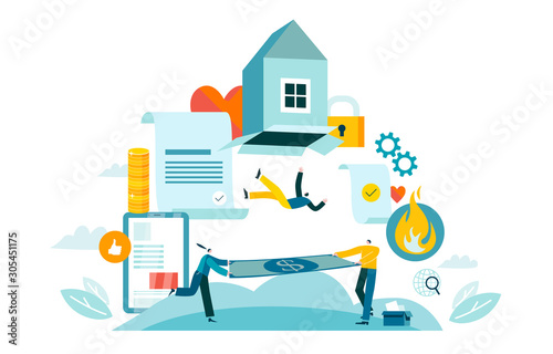 Agency pays home insurance. People catch a falling man with a trampoline. Accident cover by contract. Company financially supports employees. Concept vector illustration EPS 10 isolated on white