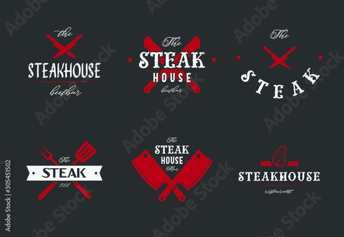 Steak house set logo with grill, steak, knife, meat, wine and beer. A restaurant. Steak cafe. Vector illustration.