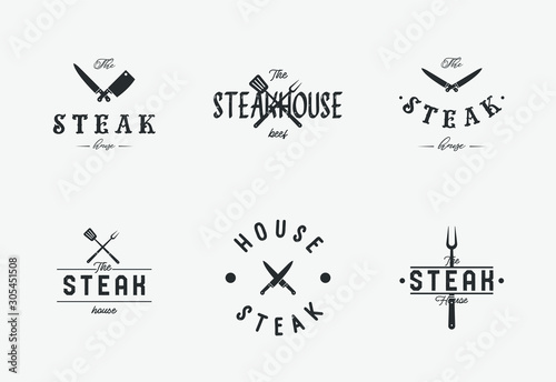 Steak house set logo with grill, steak, knife, meat, wine and beer. A restaurant. Steak cafe. Vector illustration.