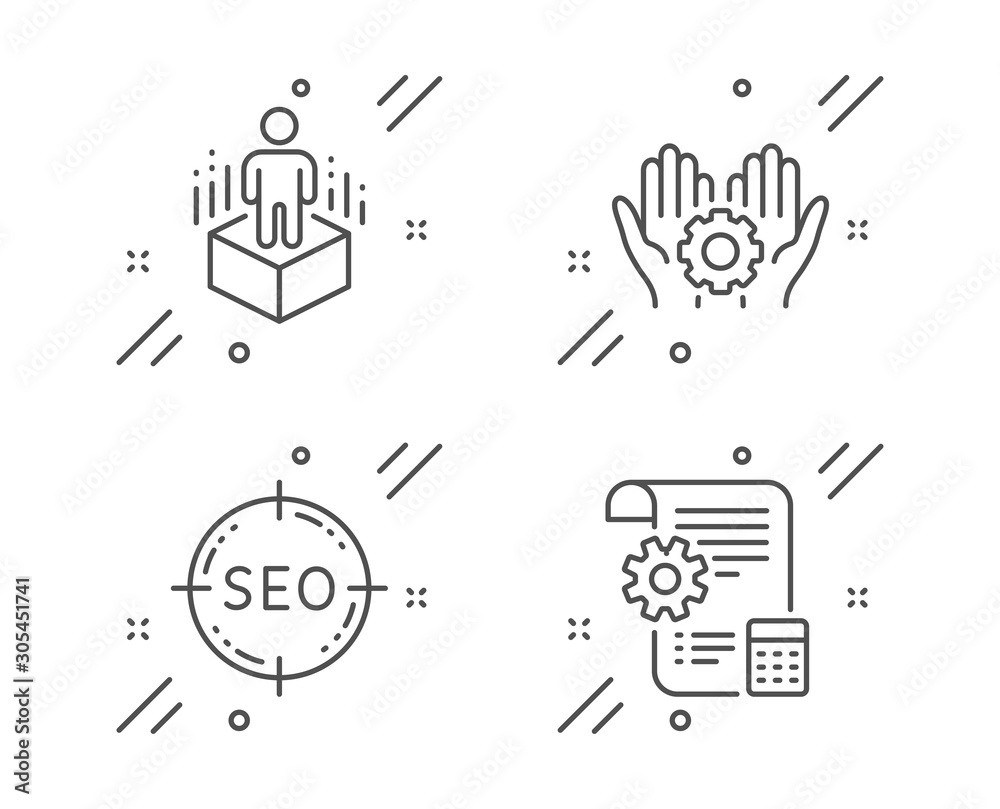 Augmented reality, Seo and Employee hand line icons set. Settings blueprint sign. Virtual reality, Search target, Work gear. Report document. Technology set. Vector Augmented reality, Seo and Employee hand line icons set. Settings blueprint sign. Virtual reality, Search target, Work gear. Report document. Technology set. Vector