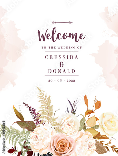 Moody boho chic wedding vector design frame. Warm fall and winter tones