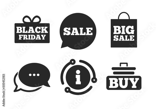 Buy cart symbols. Chat, info sign. Sale speech bubble icons. Black friday gift box signs. Big sale shopping bag. Classic style speech bubble icon. Vector