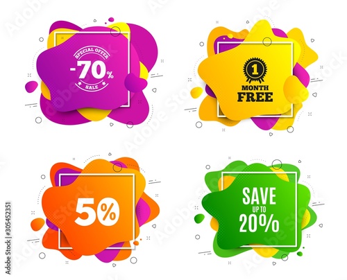 Save up to 20%. Liquid shape, various colors. Discount Sale offer price sign. Special offer symbol. Geometric vector banner, square frames. Discount text. Gradient shape badge. Vector