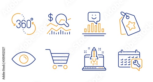 Smile, Check investment and Eye line icons set. Market sale, 360 degree and Loyalty tags signs. Start business, Spanner symbols. Positive feedback, Business report. Technology set. Vector