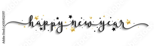 HAPPY NEW YEAR black and gold vector brush calligraphy banner with swashes and stars