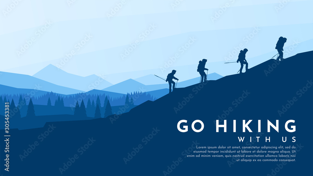 Vector blue background. Travel concept of discovering, exploring and  observing nature. Hiking. Adventure tourism. Flat design template of gift  card, web banner, invitation, poster, website. Landscape Stock Vector |  Adobe Stock