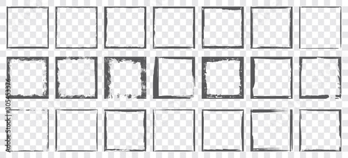 Vector illustration. Set of frames in grunge style. Dirty frame with a splash of black paint. Transparent background. Design elements for banner, poster, flyer, invitation, card, social networks.
