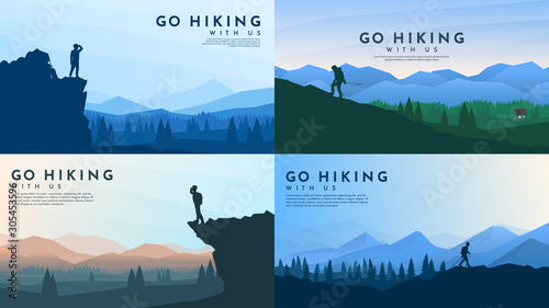 Vector backgrounds set. Travel concept of discovering, exploring and observing nature. Hiking. Adventure tourism. Flat design template of gift cards, banner, invitation, poster, website layout.