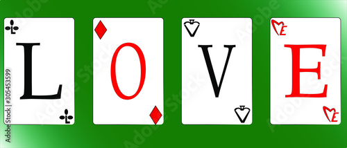 inscription love on game cards with special suit icons that also make up the word love on green background