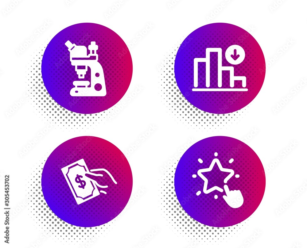 Decreasing graph, Pay money and Microscope icons simple set. Halftone dots button. Ranking star sign. Crisis chart, Hold cash, Chemistry laboratory. Click rank. Education set. Vector