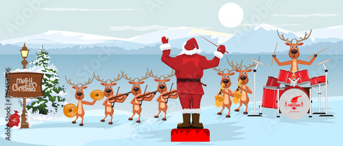 Foto Santa Claus and reindeers with musical instruments New year christmas Orchestra concert on winter landscape scenery