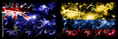 Australia, Ozzie vs Colombia, Colombian New Year celebration sparkling fireworks flags concept background. Combination of two abstract states flags. © Vlad