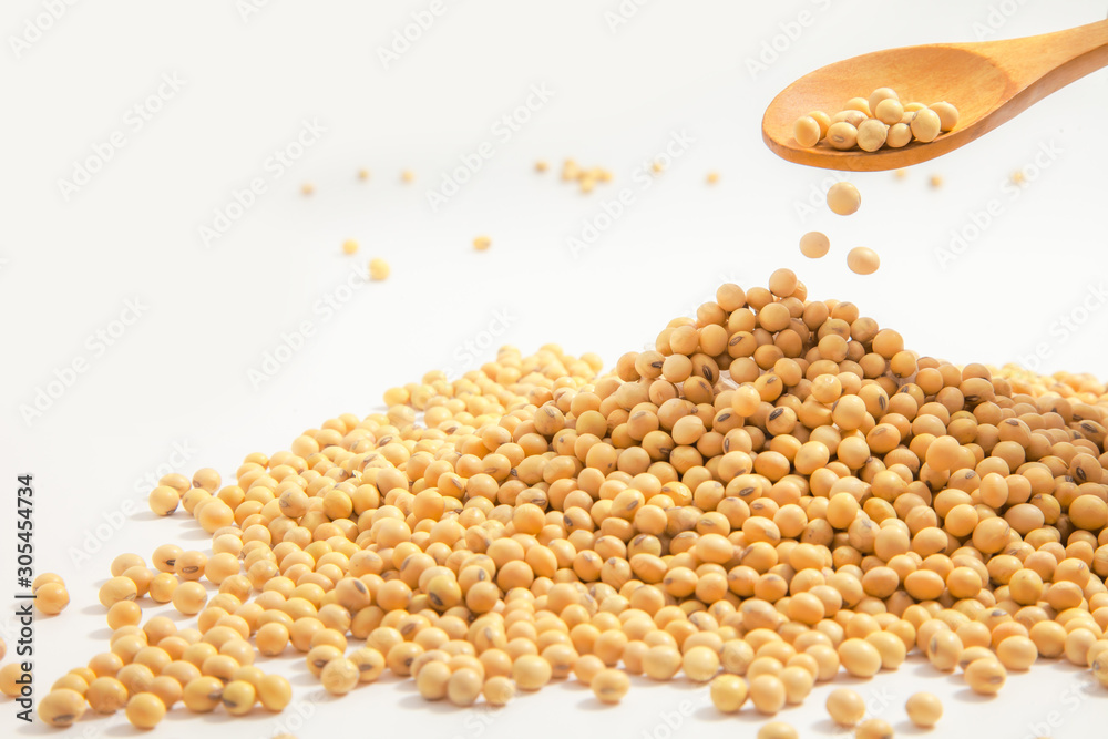 Soybeans background . Dry Soy bean or soya bean in a bowl with some soybeans in wooden spoon on white background Soybeans background . Dry Soy bean or soya bean in a bowl with some soybeans in wooden spoon on white background