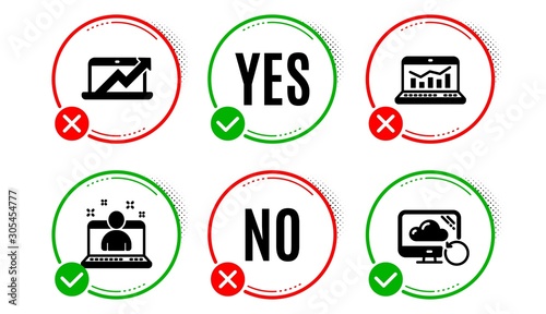 Web analytics, Sales diagram and Best manager icons simple set. Yes no check box. Recovery cloud sign. Statistics, Sale growth chart, Best developer. Backup info. Education set. Vector