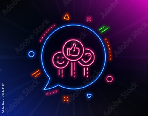 Social media like line icon. Neon laser lights. Thumbs up sign. Positive smile and heart feedback symbol. Glow laser speech bubble. Neon lights chat bubble. Banner badge with like icon. Vector