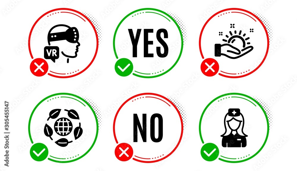 Eco organic, Sunny weather and Augmented reality icons simple set. Yes no check box. Hospital nurse sign. Bio ingredients, Hold sun, Virtual reality. Medical assistant. Science set. Vector