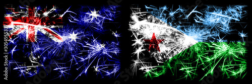 Australia, Ozzie vs Djibouti New Year celebration sparkling fireworks flags concept background. Combination of two abstract states flags. © Vlad
