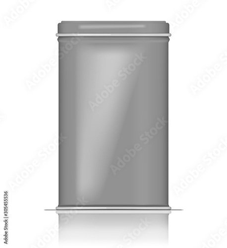 Rectangular tin box, realistic vector mockup. Square metal jar with lid, mock-up. Aluminum kitchen container, template