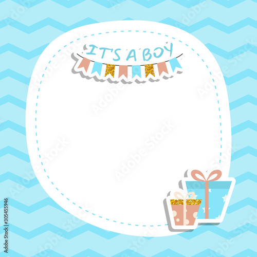 Baby boy shower invitation card with gift box present.