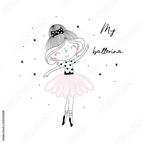 Cute hand drawn with cute little ballerina vector illustration.