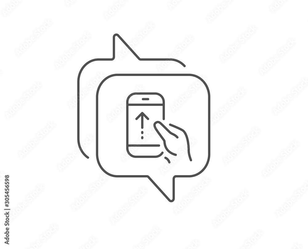 Swipe up phone line icon. Chat bubble design. Scrolling arrow sign. Landing page scroll symbol. Outline concept. Thin line swipe up icon. Vector Swipe up phone line icon. Chat bubble design. Scrolling arrow sign. Landing page scroll symbol. Outline concept. Thin line swipe up icon. Vector