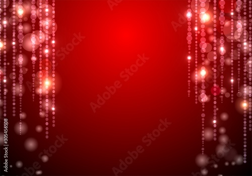 Red shiny curtain abstract background. Bokeh and sparkles pattern. Christmas decorative illustration. Festive empty template.