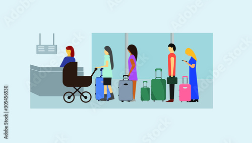 Passengers with luggage in queue waiting check-in counters in terminal airport.
