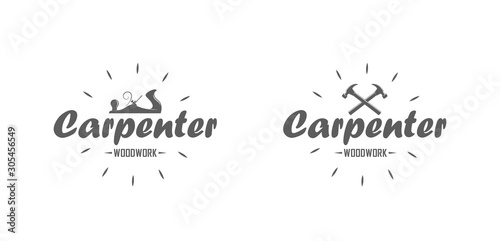 Set of carpenter logos in black and white. Vector illustration of a planer, crossed hammers and text with rays. Professional carpenter services.