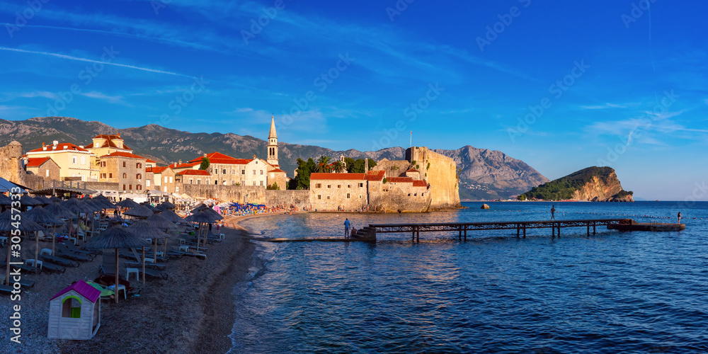 Panoramic view of The Old Town of Montenegrin town Budva on the Adriatic Sea, Montenegro