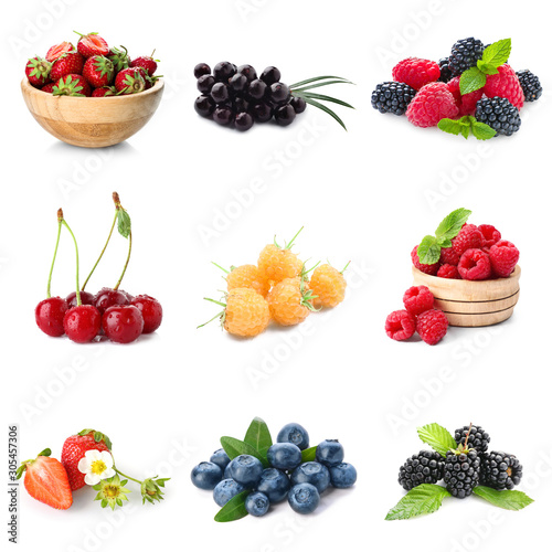 Set of different fresh berries on white background