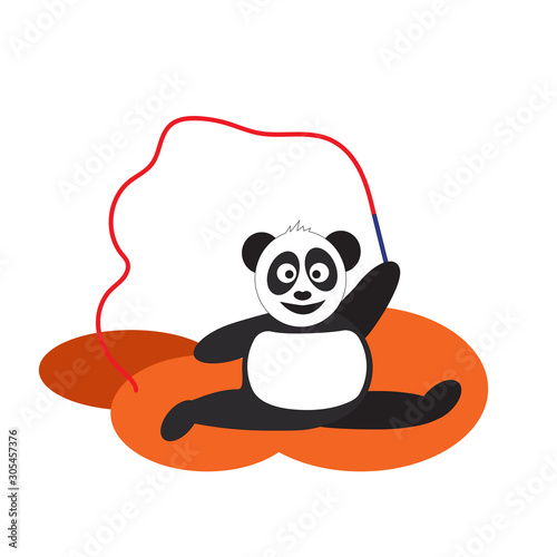 Panda is engaged in artistic gymnastics with a ribbon. Panda bear at a rhythmic gymnastics competition with a stick and ribbon. Isolate on a white background, stock vector illustration.