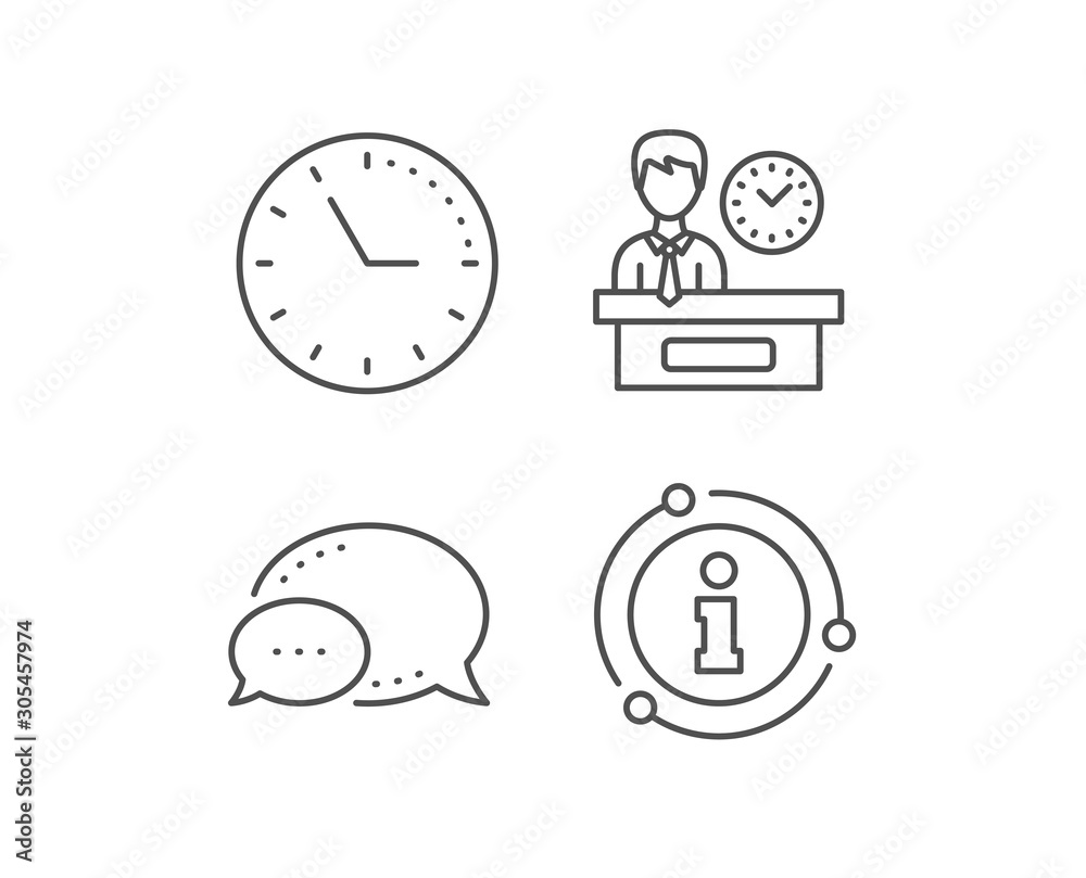 Presentation time line icon. Chat bubble, info sign elements. Watch sign. Linear presentation time outline icon. Information bubble. Vector