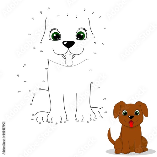  vector illustration of children's game connect the dots, on a white background, figure, dog