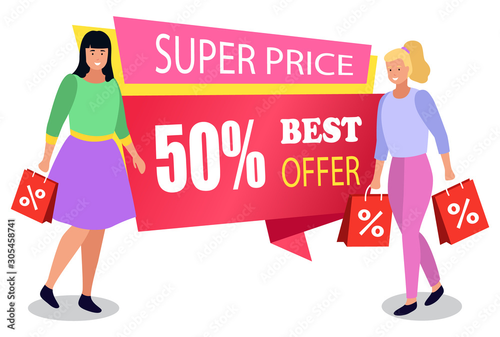 Promotional banner for store discounts announcement. Isolated female characters with bags. Customers with purchases bought on offers and special deals from market. Woman with handbags vector