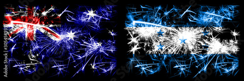 Australia, Ozzie vs Honduras, Honduran New Year celebration sparkling fireworks flags concept background. Combination of two abstract states flags. © Vlad