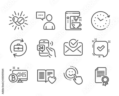 Set of Business icons, such as Users chat, 24h service, Coffee maker, Confirmed, Certificate, Human resources, Love book, Smile, Approved mail, Time change, Bitcoin system, Medical drugs. Vector