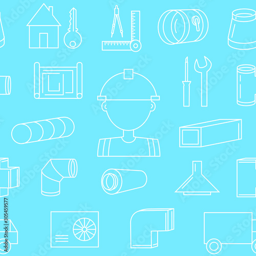 Ventilation line icon seamless pattern on a blue background. Round and rectangular ducts and fittings. Bend, damper, silencer, fan, conditioner. Foreman.