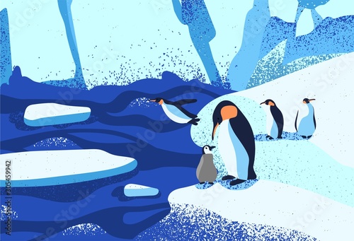 Arctic ice landscape flat vector illustration. Penguins family standing on ice floe. Melting glaciers. Iceberg, snow mountains hills, winter nature beauty. South pole inhabitants cartoon characters.