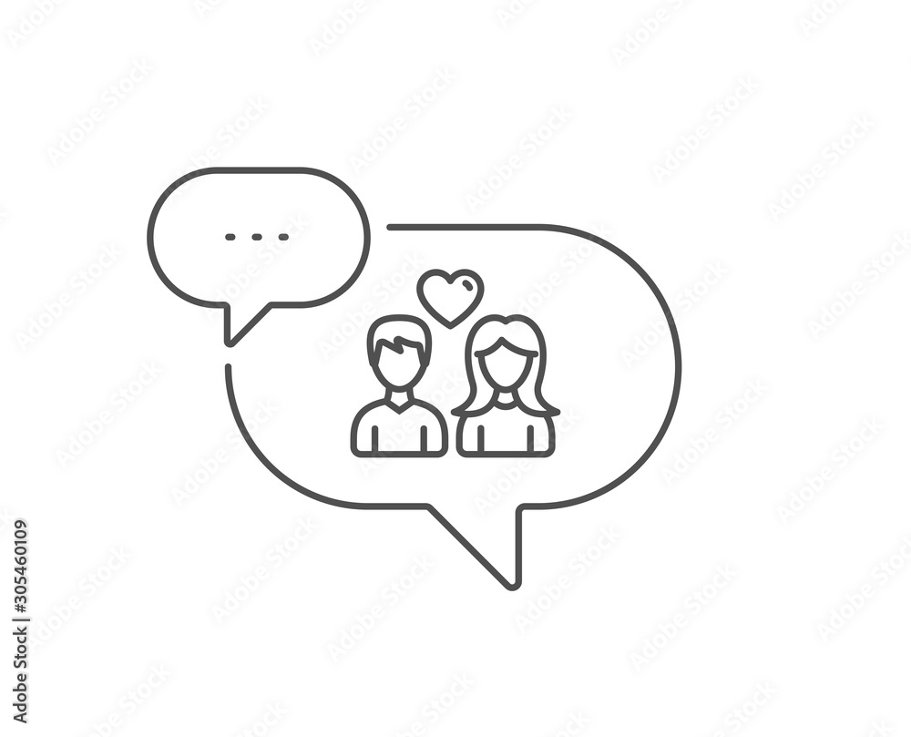 Couple with Heart line icon. Chat bubble design. Users Group sign. Male and Female Person silhouette symbol. Outline concept. Thin line couple love icon. Vector Couple with Heart line icon. Chat bubble design. Users Group sign. Male and Female Person silhouette symbol. Outline concept. Thin line couple love icon. Vector
